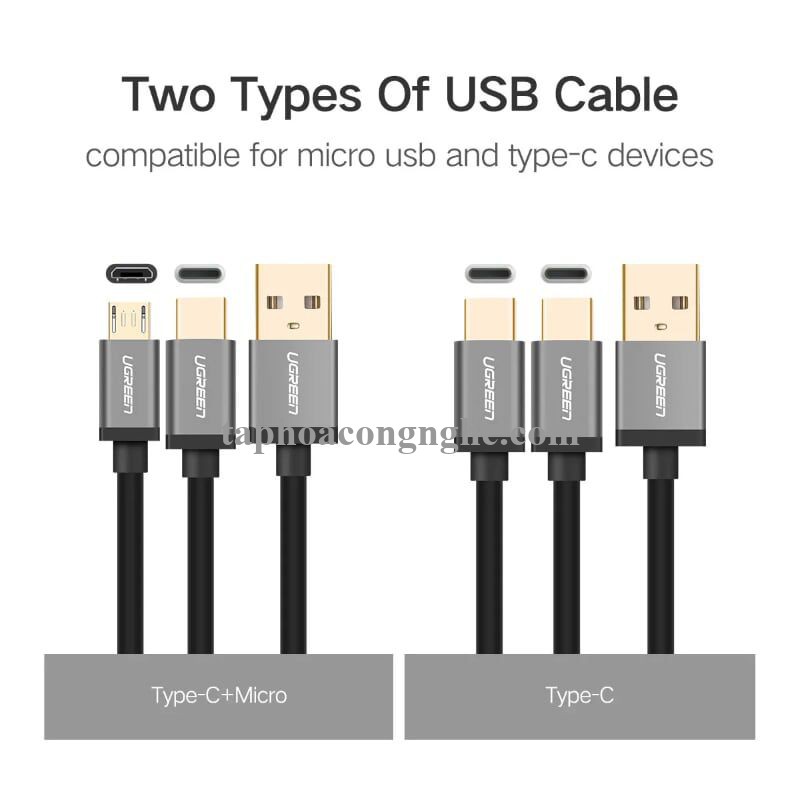 Ugreen 30571 0.5m màu xanh Cáp USB-A 2.0 sang Micro USB + USB-C US196 30030571
